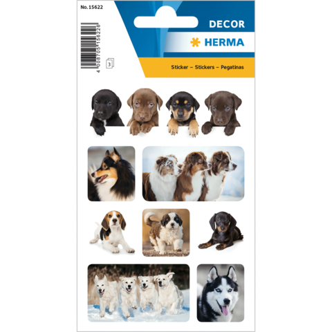 Aufkleber mit verschiedenen Hunderassen, darunter Labrador, Collie, Beagle und Husky, in verschiedenen Posen und Farben.