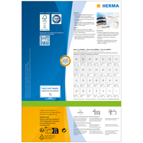 Produktinformationen von HERMA, einschließlich QR-Code, Software-Hinweis und Tabellen für Etikettenformate.