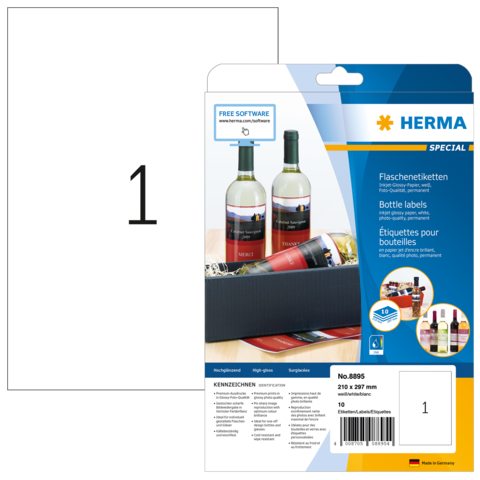 Flaschenetiketten von HERMA, inklusive kostenloser Software, für die individuelle Gestaltung von Etiketten. Verpackung zeigt Beispiele.