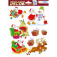 Weihnachtliche Fensterdekoration mit mehreren Weihnachtsmännern, einem Schneemann, Geschenken und einem Schlitten mit Rentieren.