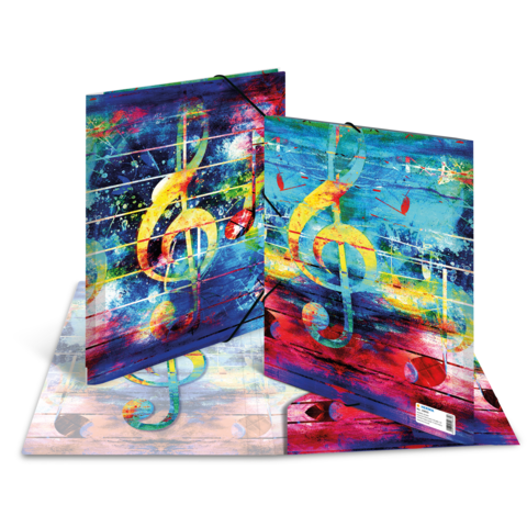 Bunte Ordner mit einem musikalischen Motiv, das Notenlinien und einen großen Violinschlüssel zeigt.