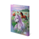 A folder featuring a white horse with a purple mane and other horses in a blooming meadow in the background.