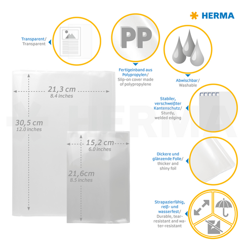 Transparent polypropylene sleeves in various sizes, washable and durable, with sturdy edges and waterproof material.
