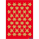 Ein roter Hintergrund mit einem Muster aus goldenen Sternen, gleichmäßig angeordnet in mehreren Reihen und Spalten.
