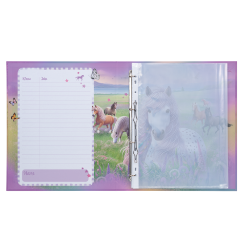 A open notebook with a horse design on the left side and a transparent cover on the right side.