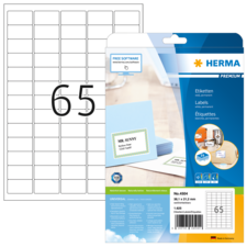 Etikettenblatt mit 65 Etiketten, verpackt in einer transparenten Hülle. Auf der Rückseite sind Beispiele für die Verwendung abgebildet.