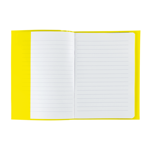 Ein offenes Notizbuch mit leeren, linierten Seiten und einem gelben Umschlag.