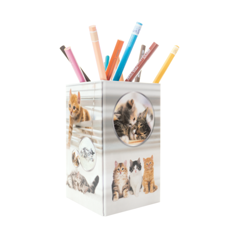 Ein Stiftbehälter mit Katzenmotiven, gefüllt mit bunten Stiften in verschiedenen Farben.