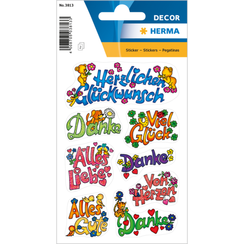 Bunte Aufkleber mit verschiedenen Texten wie "Herzlichen Glückwunsch", "Danke" und "Viel Glück", verziert mit Blumenmotiven.