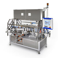 Automated filling machine made of stainless steel with a control unit, suitable for bottles and containers.