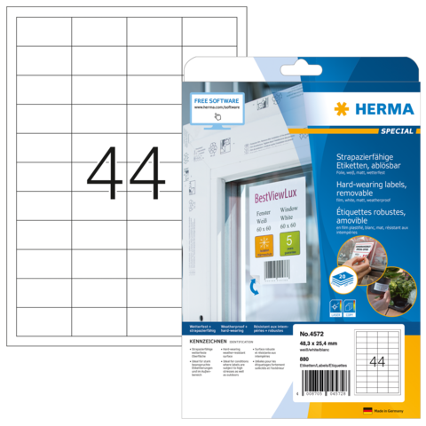 Packung mit ablösbaren Etiketten von HERMA, Größe 44, inklusive Softwarehinweis und Anwendungshinweisen auf der Rückseite.
