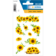 Aufkleber mit verschiedenen Sonnenblumenmotiven, umgeben von grünen Blättern, auf einem weißen Hintergrund.