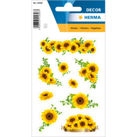 Aufkleber mit verschiedenen Sonnenblumenmotiven, umgeben von grünen Blättern, auf einem weißen Hintergrund.