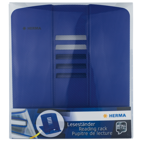 Blauer Leseständer von Herma, präsentiert in einer transparenten Verpackung, mit einer Beschreibung in mehreren Sprachen.