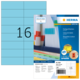 Farbige Etiketten auf einer Verpackung, mit der Aufschrift "16" und Informationen zu Größe und Verwendung.