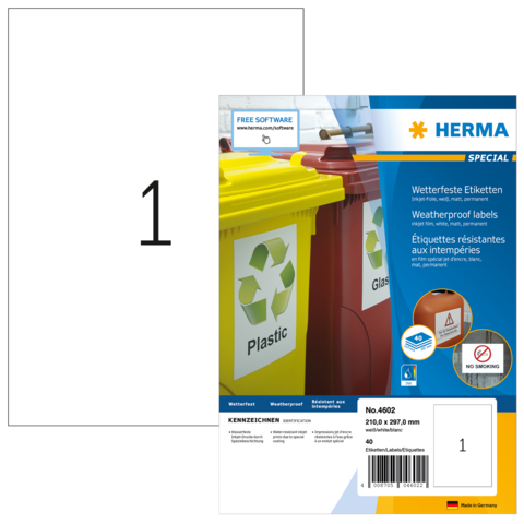 Wetterfeste Etikettenpackung mit Aufklebern für Plastik- und Glasbehälter. Enthält 40 Etiketten, Größe 210 x 87 mm.