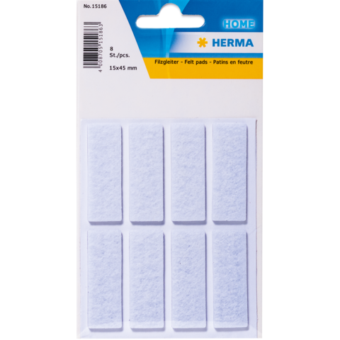 Filzgleiter in einer Verpackung mit acht rechteckigen Pads, Größe 15x45 mm, zur Verwendung auf Möbeln zur Vermeidung von Kratzern.