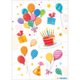 Bunte Luftballons, Geschenke und eine Torte mit Kerzen auf einem Teller, umgeben von Sternen und Konfetti.