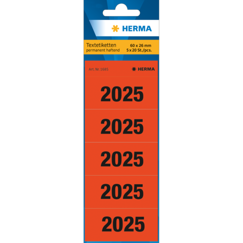 Rote Textetiketten mit der Aufschrift "2025", 60 x 26 mm, 5 Blätter mit je 20 Etiketten, permanent haftend.
