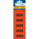 Rote Textetiketten mit der Aufschrift "2025", 60 x 26 mm, 5 Blätter mit je 20 Etiketten, permanent haftend.