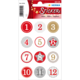Aufkleber mit Zahlen von 1 bis 12 in verschiedenen Farben und Mustern, einschließlich rot, grau und gold.