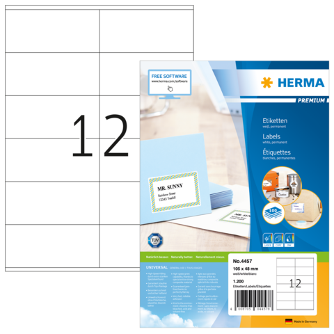 Etikettenblatt mit 12 Feldern, verpackt in einer Box von Herma. Enthält Beispiele für Etiketten mit dem Namen "Mr. Sunny".