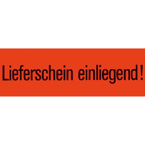 Lieferhinweis auf rotem Hintergrund mit dem Text "Lieferschein einliegend!" in schwarzer Schrift.