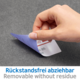 Eine Hand zieht einen ablösbaren Aufkleber von einer Oberfläche, mit dem Text „Rückstandsfrei abziehbar“ sichtbar.