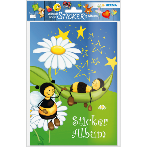 Ein buntes Stickeralbum mit zwei Bienen, einer großen Blume und Sternen auf einem hellblauen Hintergrund.