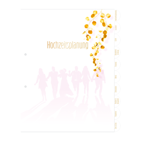 Hochzeitsplanungsordner mit goldenen Akzenten und Silhouetten von Personen im Hintergrund. Enthält Registerkarten für verschiedene Planungsabschnitte.
