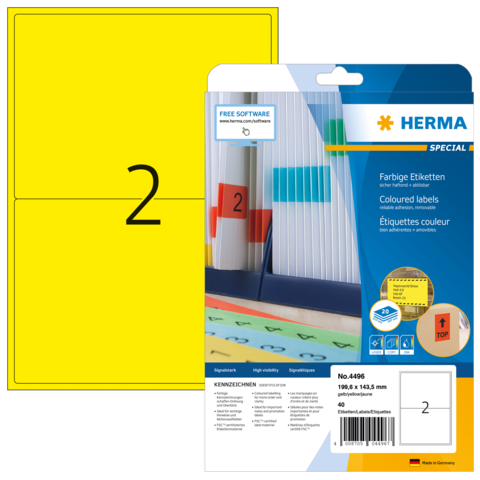 Gelbe Etikettenpackung mit der Nummer 2, hergestellt von Herma. Enthält farbige Etiketten für Kennzeichnungen.