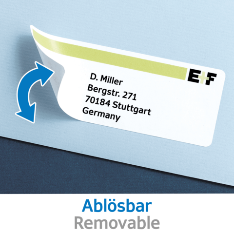 Namensschild mit der Aufschrift "D. Miller, Bergstr. 271, 70184 Stuttgart, Germany" und dem Hinweis "Ablösbar".