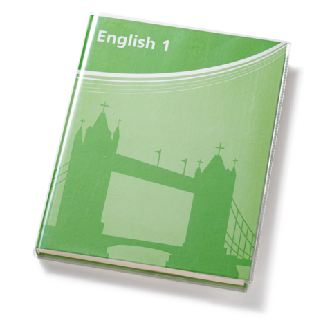Grünes Buch mit dem Titel "English 1" und einer schematischen Darstellung einer Brücke auf dem Cover.