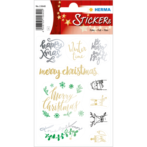 Weihnachtliche Aufkleber mit verschiedenen Designs, darunter "Merry Christmas", Schneeflocken und festliche Motive in Gold und Grün.