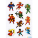 A collection of colorful stickers featuring various superhero figures in dynamic poses, including men and women with different powers.