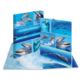 Ein aufklappbares Buch mit verschiedenen Bildern von Delfinen und anderen Meereslebewesen in blauen Wasserumgebungen.