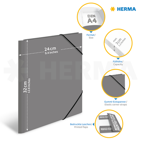 Gray A4 binder with elastic bands, 24 cm x 32 cm, for documents, featuring printed tabs and a capacity indicator.