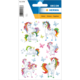 Bunte Einhorn-Sticker mit verschiedenen Designs, umgeben von Schmetterlingen und Blumen. Ideal für Dekoration oder Bastelprojekte.
