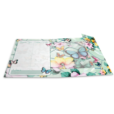 A decorative notepad featuring colorful butterflies and floral designs, providing space for personal notes.