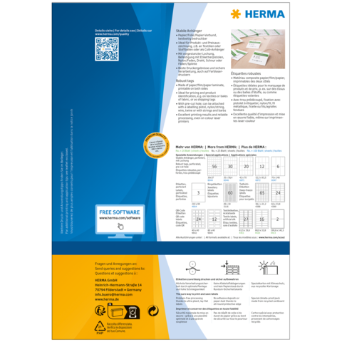 Stabile Aufkleber von HERMA, mit QR-Code und Informationen zu Software und Produkten. Enthält eine Tabelle mit Größenangaben.