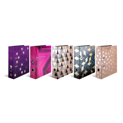 Five binders in different designs: purple with stars, pink with stripes, and geometric patterns in black and gold.