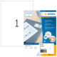 Weißes Blatt Papier neben einer Verpackung von HERMA Inkjet-Etiketten, die Informationen zu Größe und Anzahl der Etiketten enthält.
