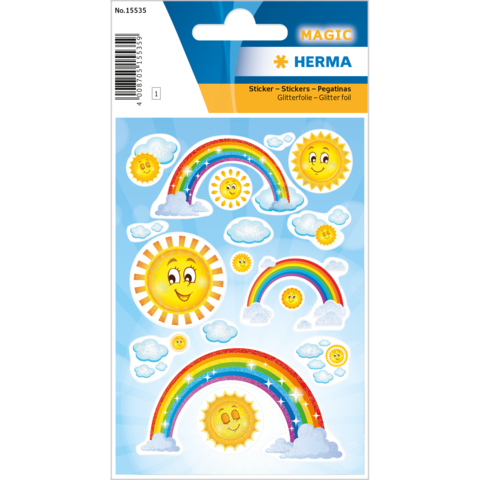 Bunte Aufkleber mit Regenbögen, Sonnen und Wolken, verziert mit Glitzerfolie. Ideal für kreative Bastelprojekte.