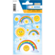 Bunte Aufkleber mit Regenbögen, Sonnen und Wolken, verziert mit Glitzerfolie. Ideal für kreative Bastelprojekte.
