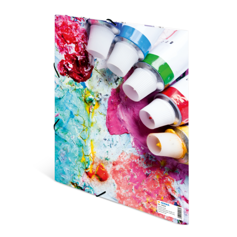 Farbenfrohe Tuben mit Acrylfarbe auf einer künstlerischen Palette, umgeben von bunten Farbspritzern und Texturen.