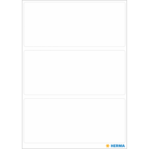 Leere Etikettenblätter mit drei horizontalen Feldern, unten rechts das Logo von HERMA.