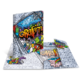 Ein aufgeschlagenes Notizbuch mit buntem Graffiti-Design auf der Vorderseite und einer Mauerstruktur im Hintergrund.