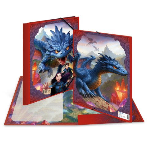 Two binders featuring imaginative dragon illustrations that depict an adventurous scene in a crystal-like landscape.