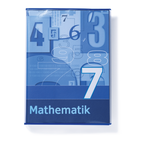 Ein blaues Buchcover mit der Aufschrift "Mathematik" und der Zahl "7", umgeben von verschiedenen Zahlen und mathematischen Symbolen.