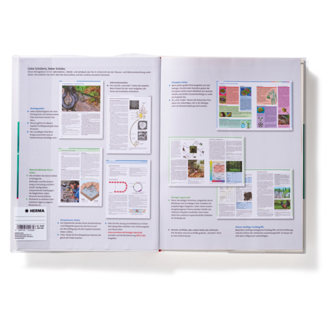Zwei offene Buchseiten mit Text und Illustrationen zu verschiedenen Themen, darunter Natur und Wissenschaft. Grafiken und Diagramme sind sichtbar.